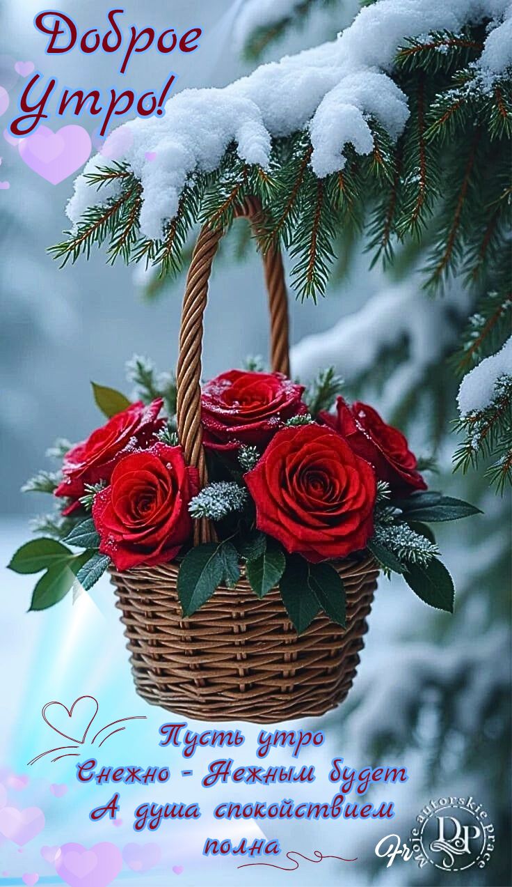 Открытка «Пожелание»: Доброе утро! Снежное утро с нежными розами. Тэги: утро, красивая, цветок, нежная, зима, природа…