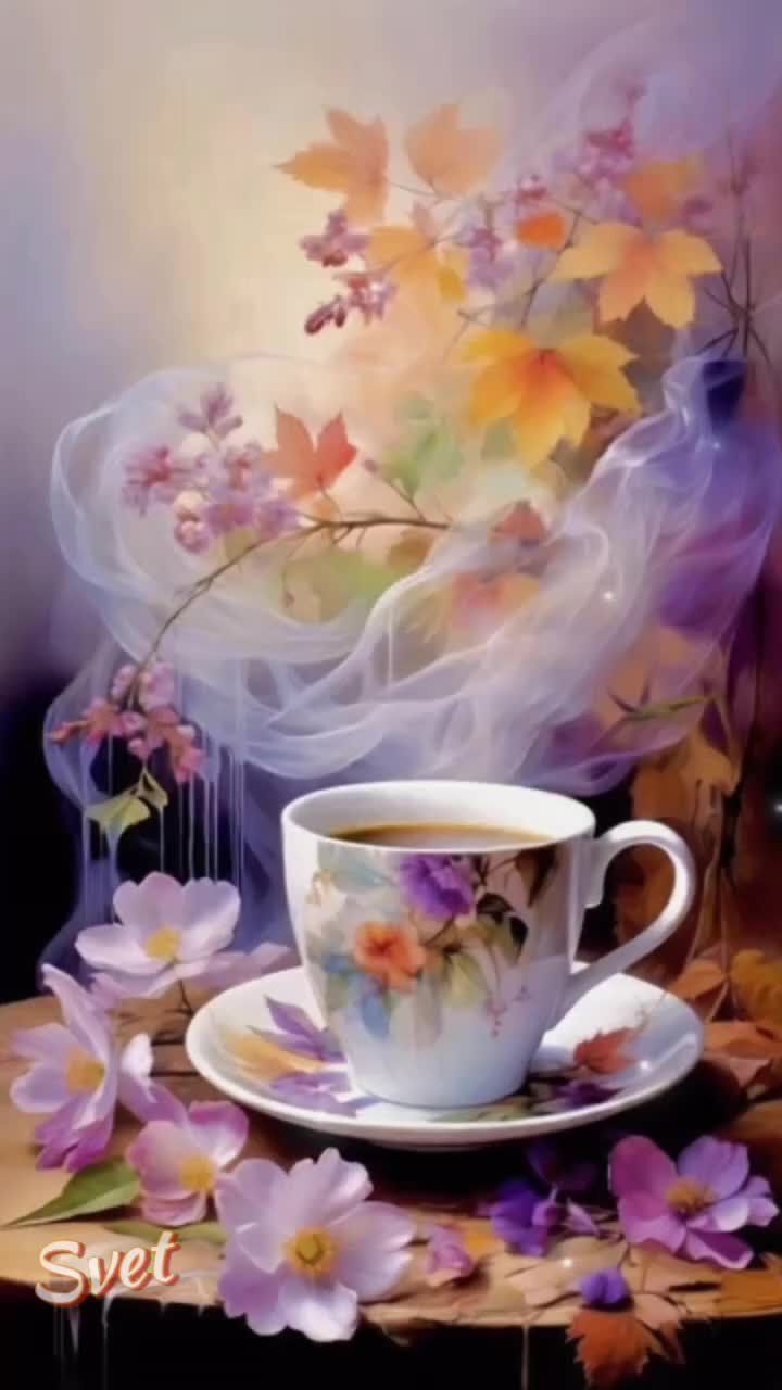 Открытка «Пожелание»: Кофе, цветы и прекрасное настроение. Тэги: утро, красивая, кофе, позитив, цветок, уют, осень…