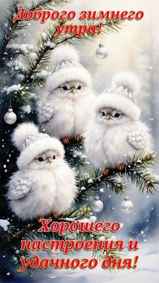 Открытка «Пожелание»: Доброго зимнего утра! Чудесные птички на еловой ветке. Тэги: шапка, утро, красивая, позитив…