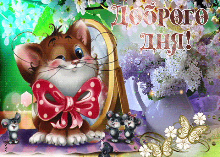 Открытка «Животное»: Доброго дня: милый котик и весенние цветы. Тэги: улыбка, красивая, позитив, радость, добрый день…