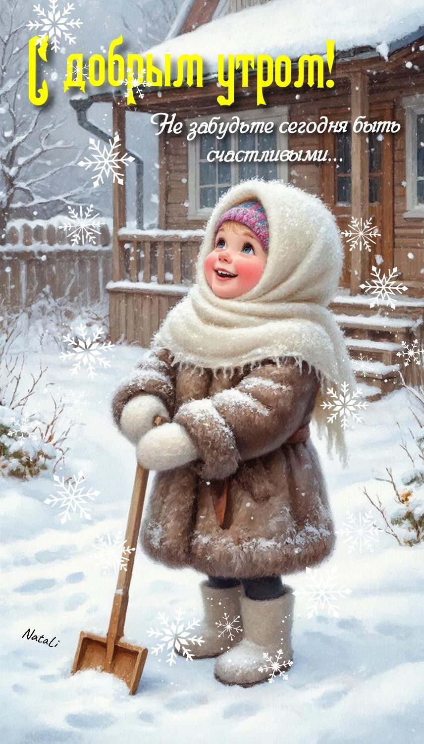 Открытка «Пожелание»: С добрым утром! Зимнее пожелание счастья от ребенка. Тэги: улыбка, шапка, красивая, позитив…