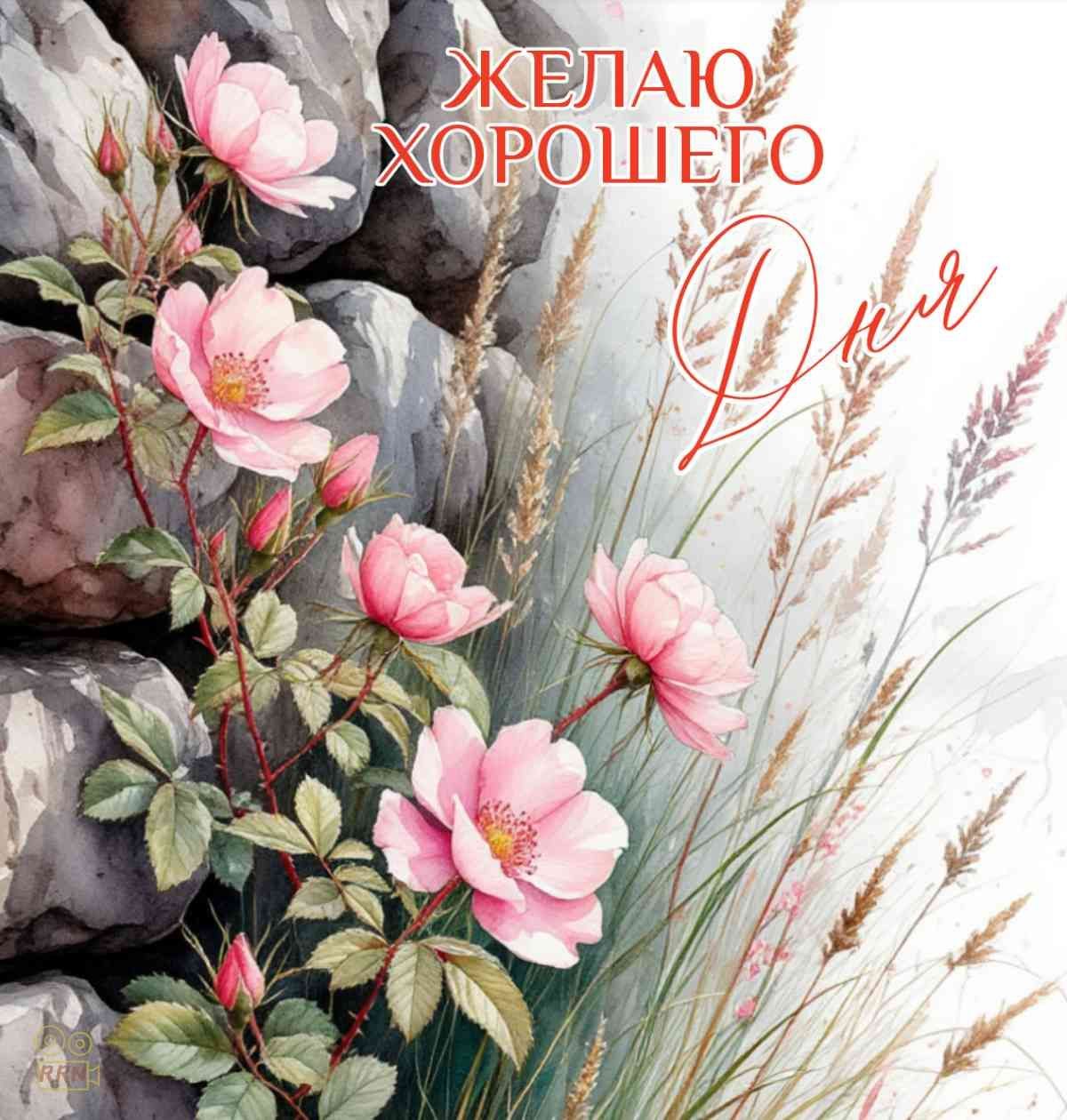 Открытка «Пожелание»: Желаю хорошего дня: нежные цветы и пожелание. Тэги: друг, мужчина, женщина, красивая, позитив…