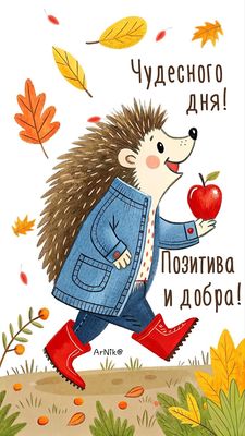 Открытка «Животное»: Чудесного дня! Открытка с позитивным ежиком. Тэги: пожелание, улыбка, позитив, радость, осень…