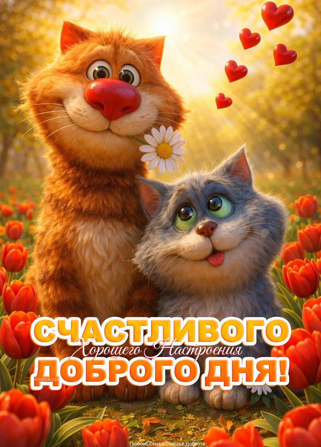 Открытка «Кот»: Счастливого дня и хорошего настроения с котиками!. Тэги: животное, пожелание, прикольная, улыбка…