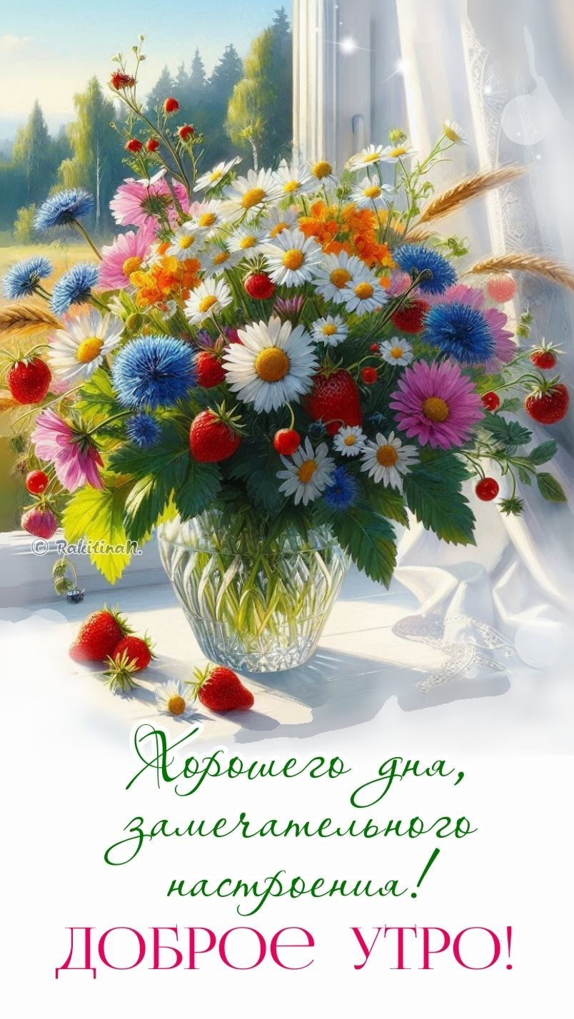 Открытка «Пожелание»: Доброе утро! Яркие цветы для прекрасного настроения. Тэги: красивая, позитив, радость, цветок…