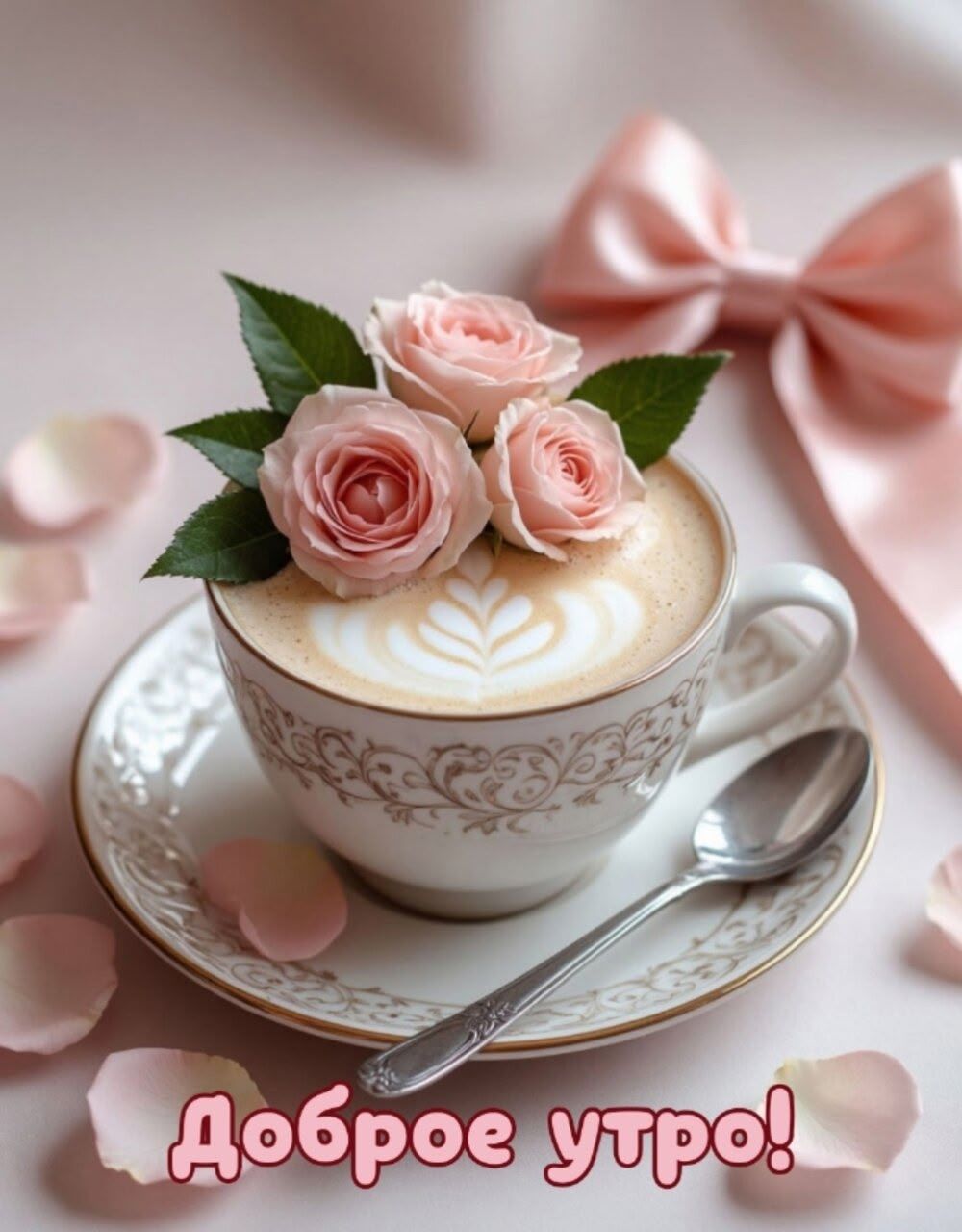Открытка «Утро»: Доброе утро! Нежное кофе с розами. Тэги: красивая, кофе, позитив, радость, цветок, чашка, настроение…