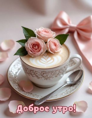 Открытка «Утро»: Доброе утро! Нежное кофе с розами. Тэги: красивая, кофе, позитив, радость, цветок, чашка, настроение…