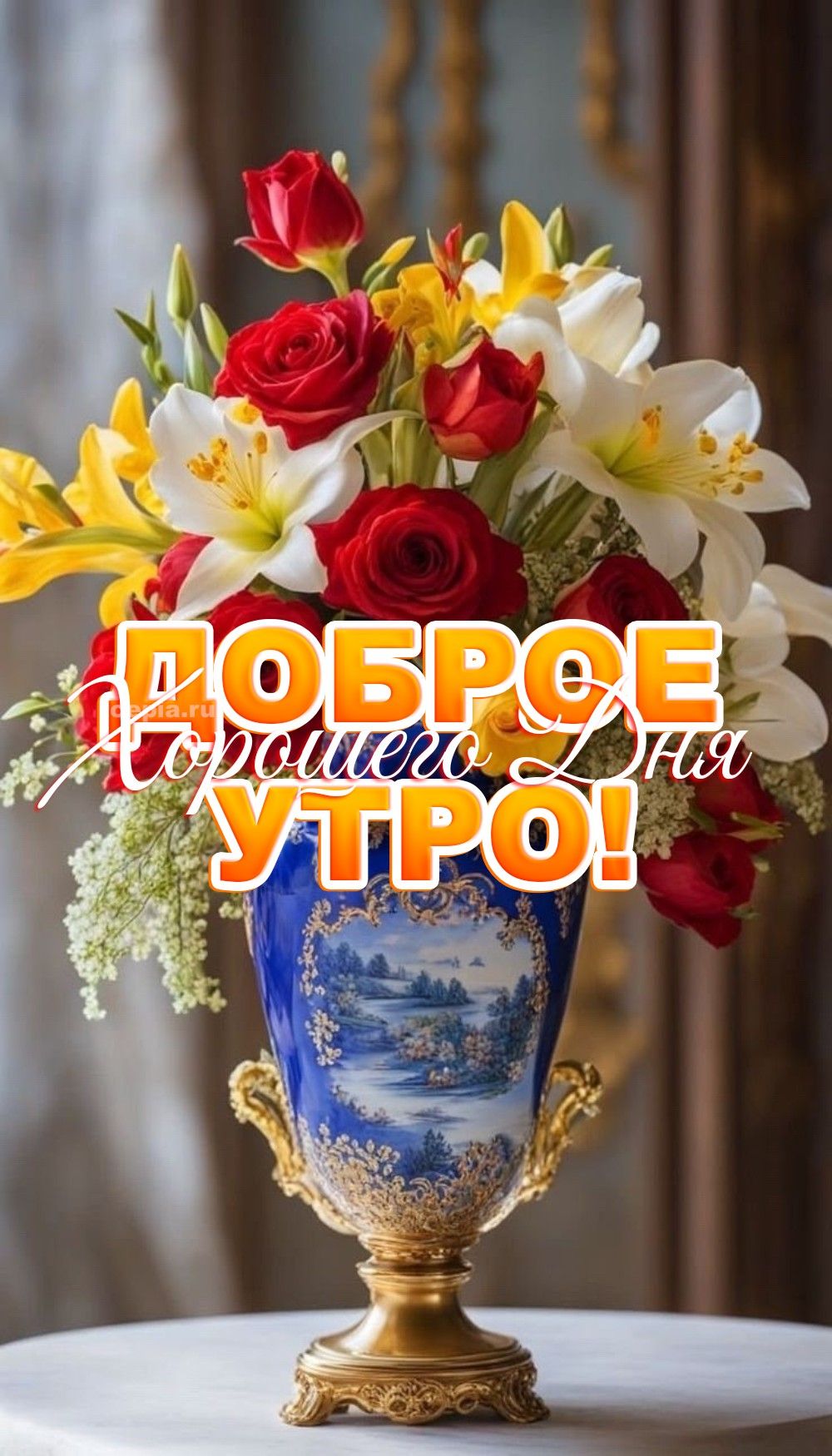 Открытка «Пожелание»: Доброе утро с букетом цветов! Хорошего дня!. Тэги: улыбка, утро, красивая, позитив, радость…