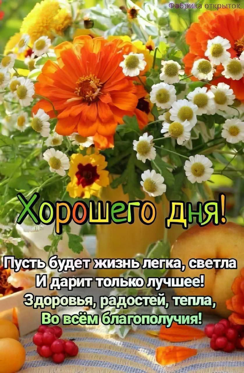 Открытка «Пожелание»: Хорошего дня! Поздравительная открытка с цветами. Тэги: хорошего дня, красивая, позитив, радость…