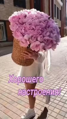 Открытка «Пожелание»: Счастья и настроения с букетом пионов!. Тэги: улыбка, женщина, девушка, красивая, позитив…