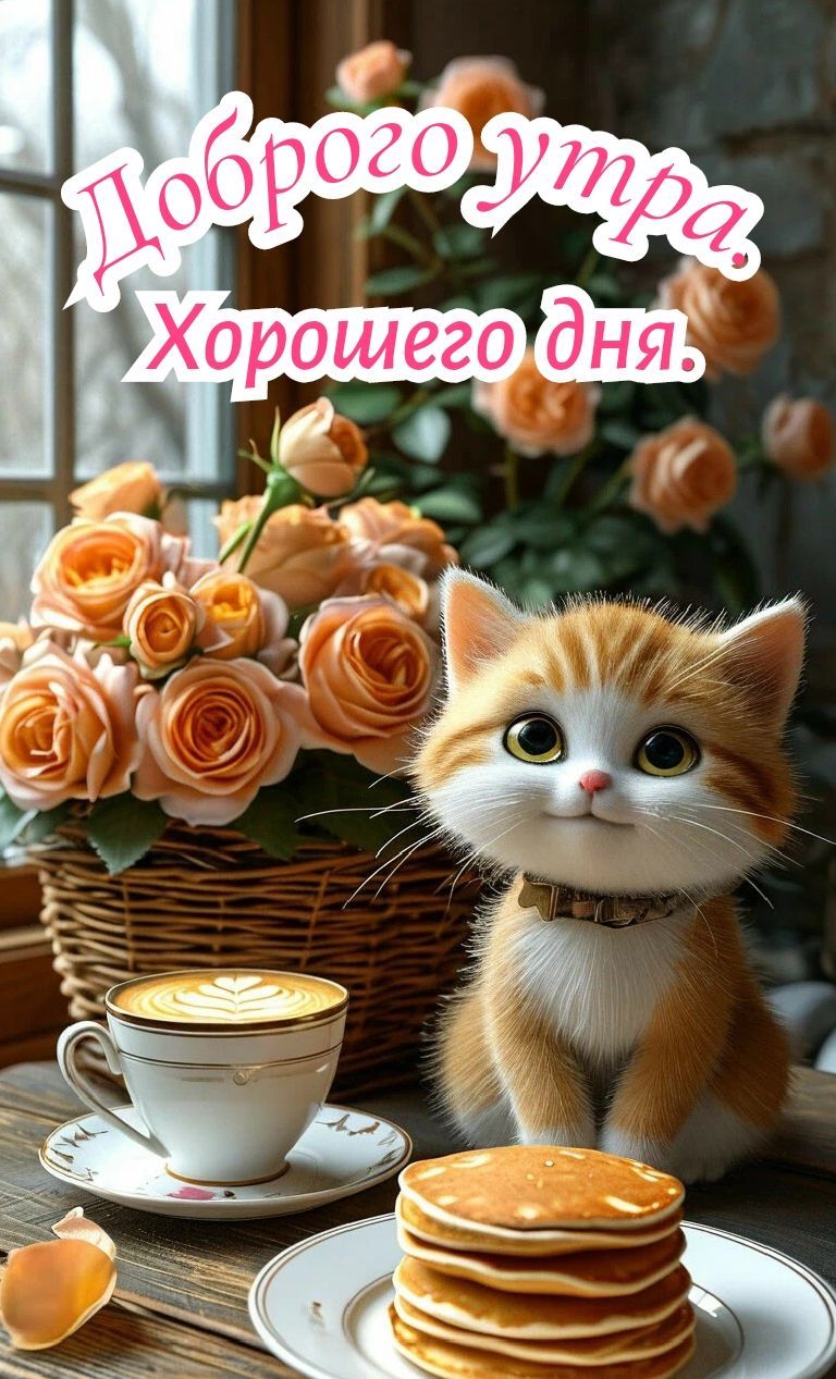 Открытка «Кот»: Доброго утра и хорошего дня! Милый кот и кофе. Тэги: пожелание, утро, красивая, кофе, позитив, радость…