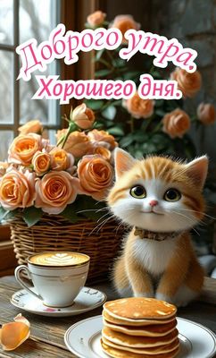 Открытка «Кот»: Доброго утра и хорошего дня! Милый кот и кофе. Тэги: пожелание, утро, красивая, кофе, позитив, радость…