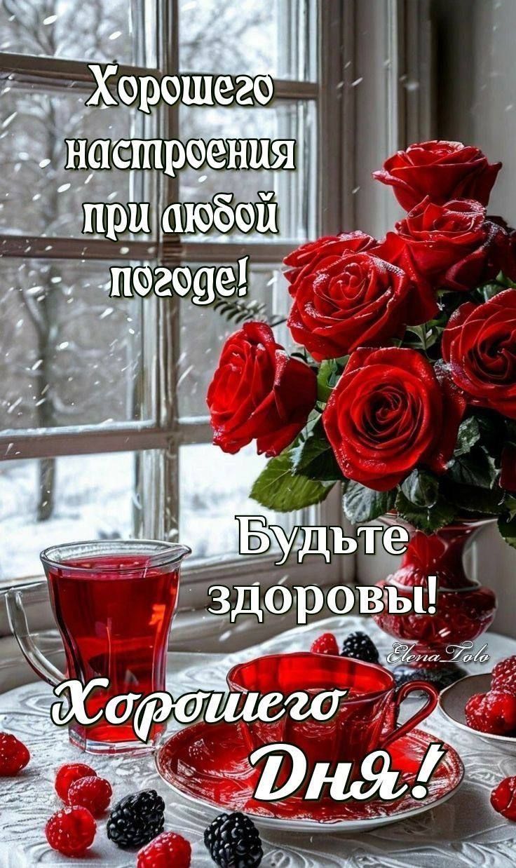 Открытка «Пожелание»: Хорошего дня и настроения: зимние пожелания с розами. Тэги: здоровье, чай, окно, чашка, напиток…