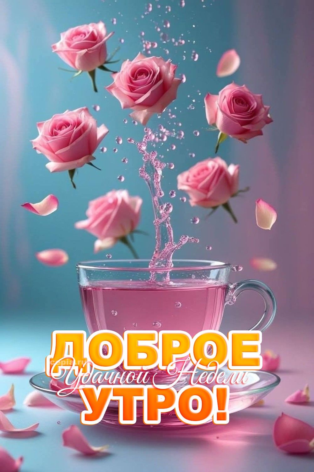 Открытка «Пожелание»: Доброе утро с розами: Удачной недели!. Тэги: утро, красивая, позитив, цветок, чашка, напиток…