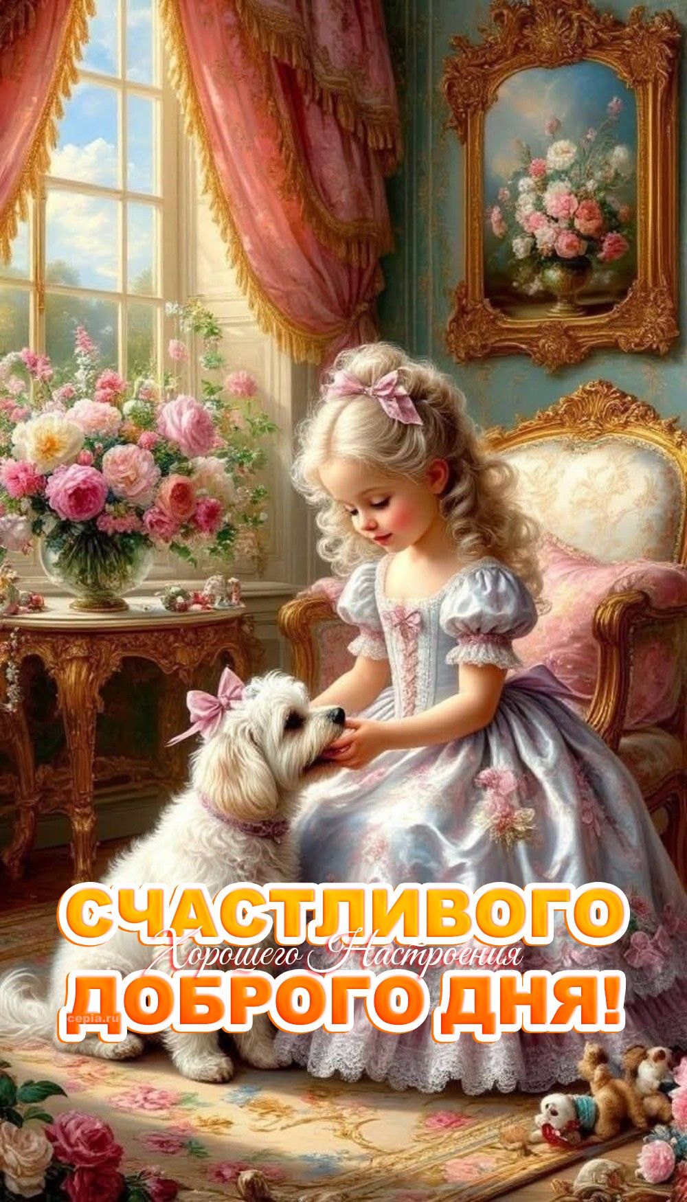 Открытка «Пожелание»: Счастливого доброго дня: милая девочка и щенок!. Тэги: утро, красивая, позитив, радость, цветок…