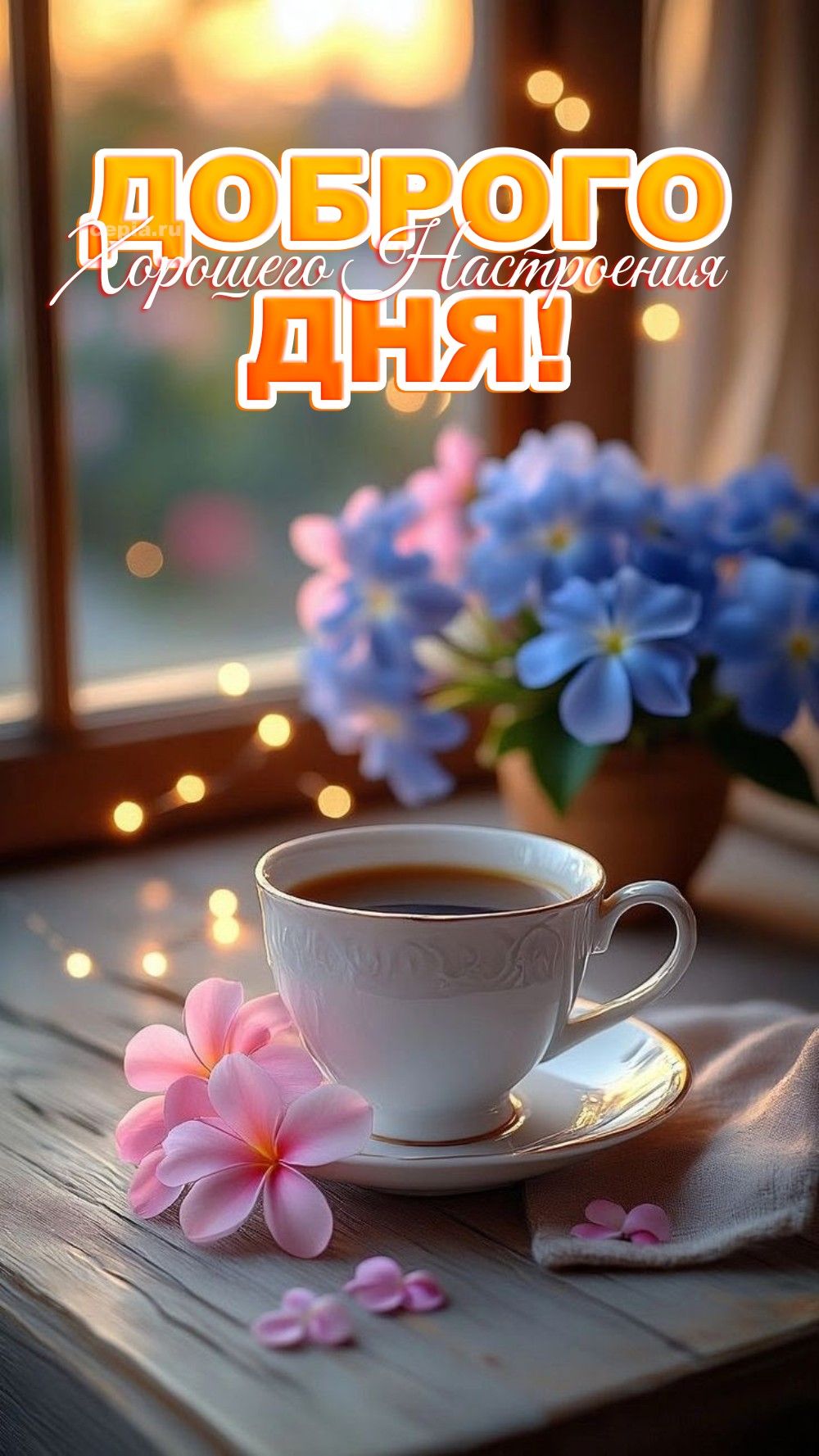 Открытка «Пожелание»: Доброго дня! Уютное утро с кофе и цветами. Тэги: утро, кофе, позитив, добрый день, цветок, окно…