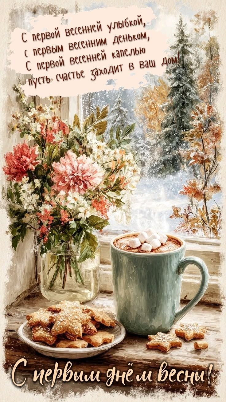 Открытка «Пожелание»: С первым днём весны! Уютное пожелание счастья. Тэги: улыбка, кофе, позитив, радость, цветок…
