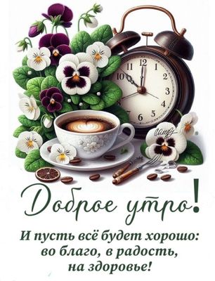 Открытка «Пожелание»: Доброе утро! Кофе, цветы и лучшие пожелания. Тэги: утро, красивая, кофе, позитив, радость…