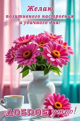 Открытка «Пожелание»: Доброе утро: цветы, кофе и позитивное настроение!. Тэги: утро, красивая, кофе, позитив, радость…