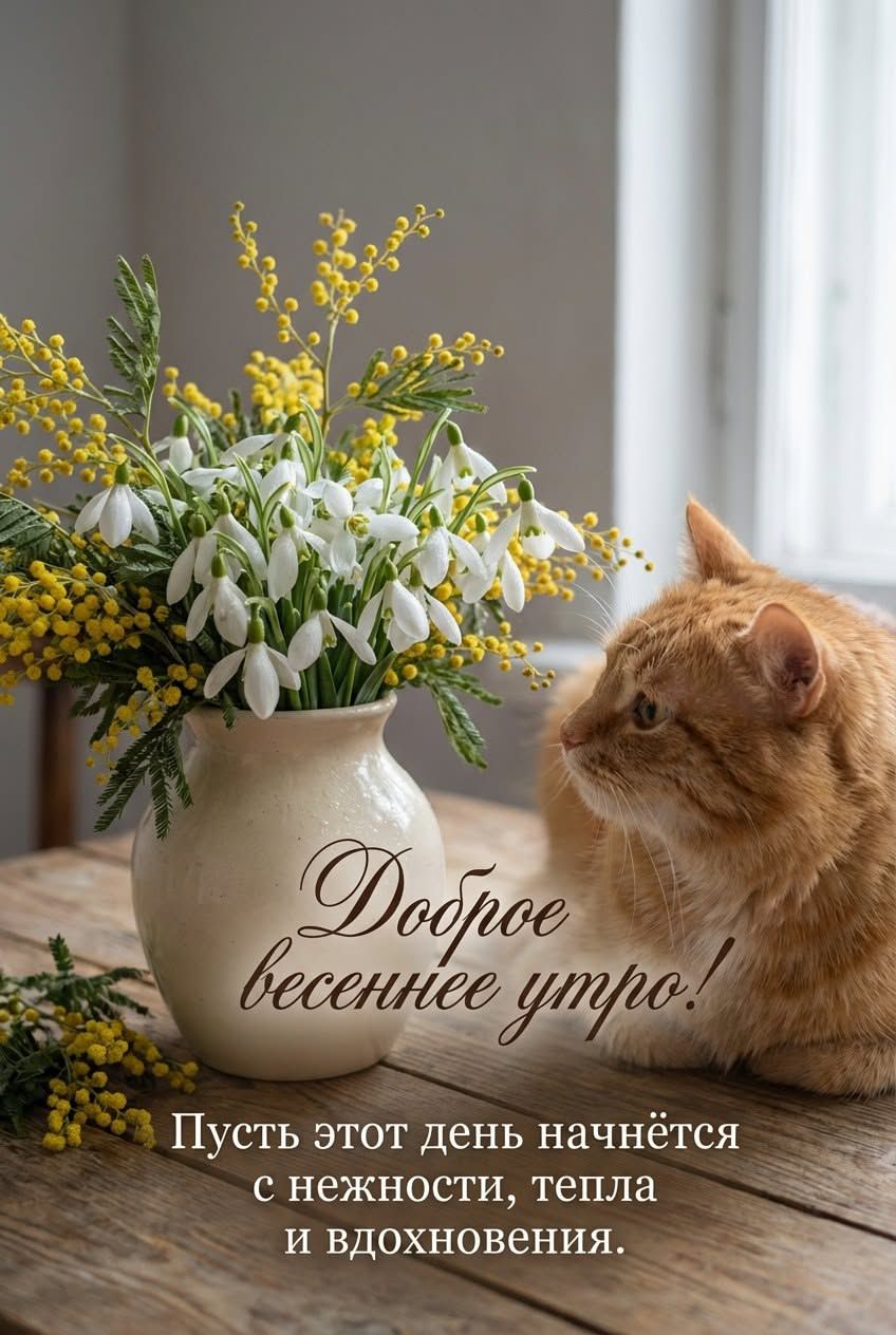 Открытка «Кот»: Весеннее утро с милым котиком: нежность и позитив. Тэги: животное, пожелание, улыбка, утро, красивая…