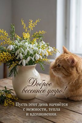 Открытка «Кот»: Весеннее утро с милым котиком: нежность и позитив. Тэги: животное, пожелание, улыбка, утро, красивая…