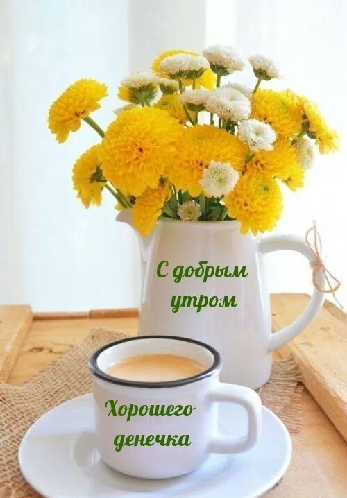 Открытка «Пожелание»: С добрым утром! Цветочный позитив и кофе. Тэги: утро, красивая, кофе, позитив, цветок, чашка…