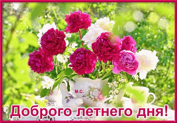 Открытка «Пожелание»: Доброго летнего дня! Яркий букет цветов и позитив. Тэги: улыбка, позитив, радость, цветок, стол…