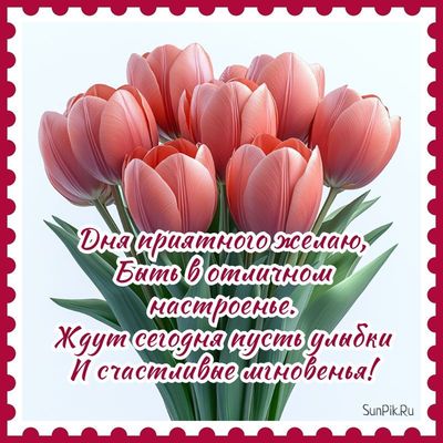 Открытка «Пожелание»: Приятного дня и отличного настроения с тюльпанами!. Тэги: улыбка, красивая, позитив, радость…