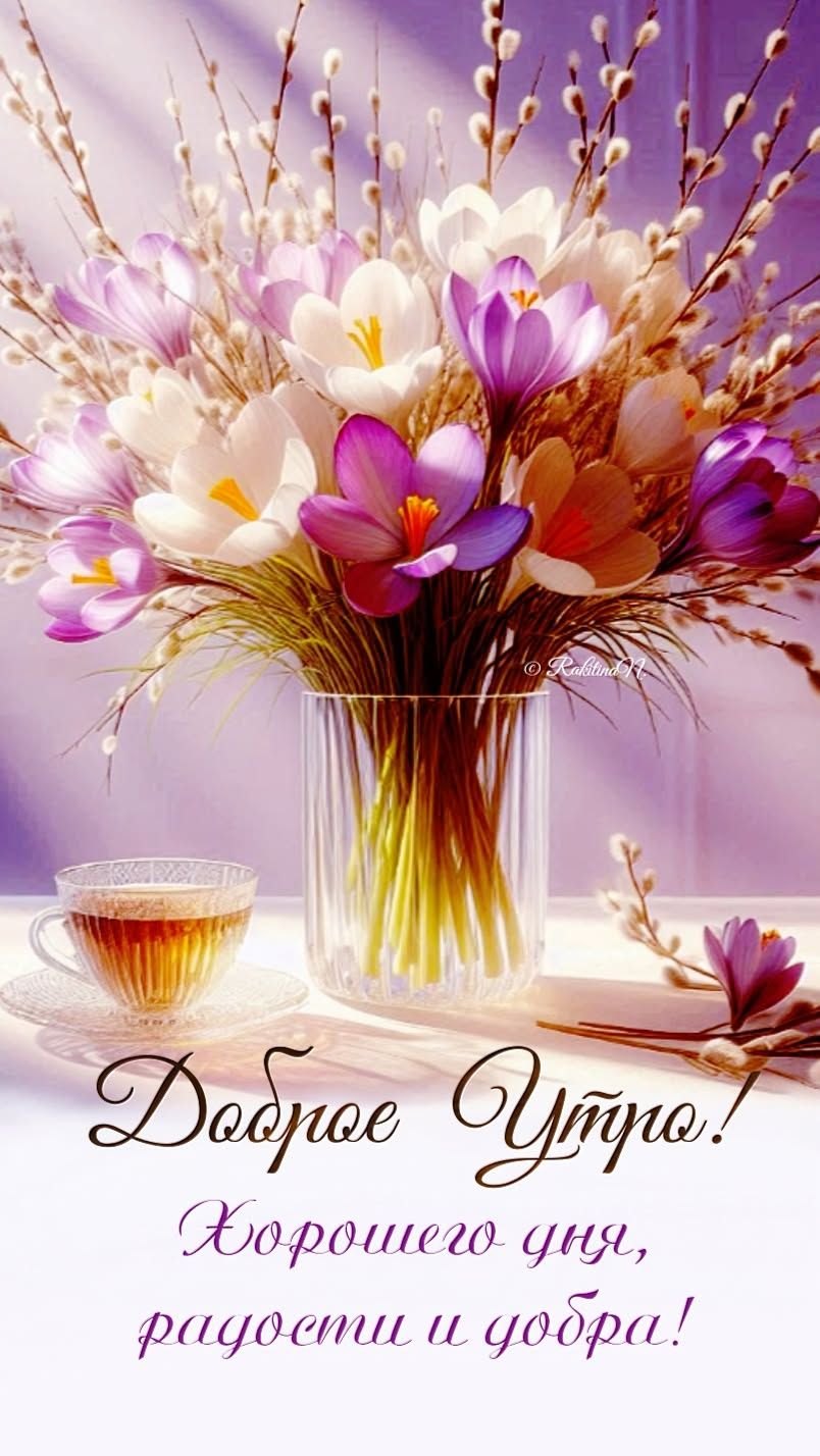 Открытка «Пожелание»: Доброе Утро! Весенние цветы и пожелание добра. Тэги: утро, красивая, позитив, радость, цветок…