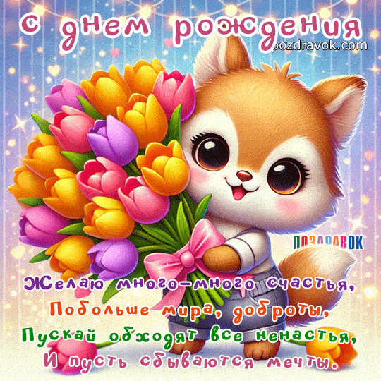 Открытка «Животное»: С днем рождения! Милый лисенок с букетом тюльпанов. Тэги: пожелание, красивая, позитив, радость…