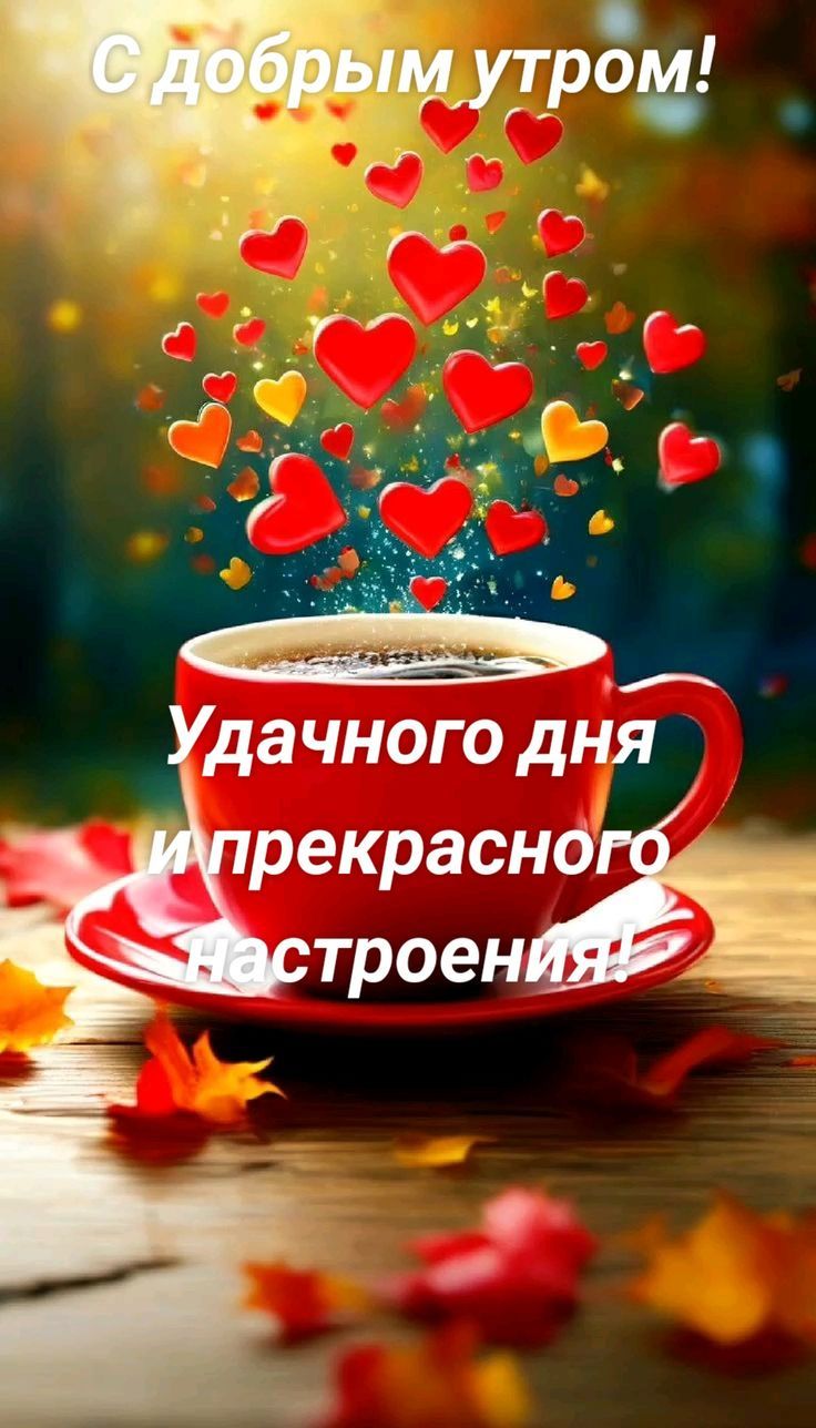 Открытка «Пожелание»: С добрым утром! Удачного дня и прекрасного настроения. Тэги: утро, красивая, кофе, позитив…