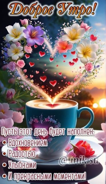 Открытка «Пожелание»: Доброе утро! Вдохновение, радость, улыбки. Тэги: улыбка, утро, красивая, кофе, позитив, радость…