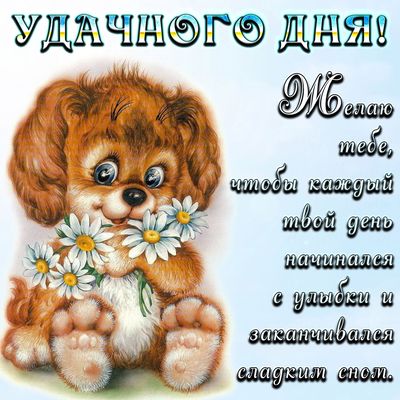 Открытка «Животное»: Удачного дня! Пожелание с улыбкой и милым щенком. Тэги: пожелание, улыбка, красивая, позитив…