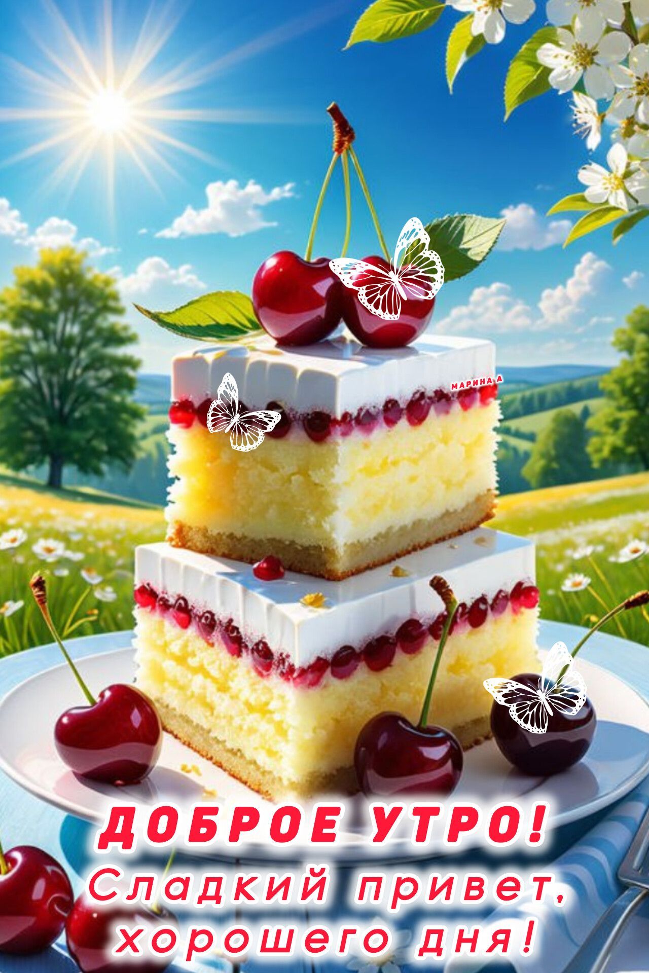 Открытка «Пожелание»: Доброе утро! Сладкий привет и хорошего дня. Тэги: улыбка, красивая, позитив, радость, настроение…