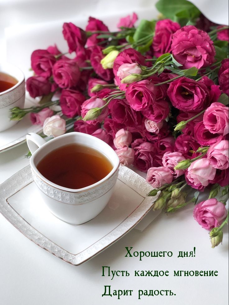 Открытка «Пожелание»: Открытка Хорошего дня: цветы, чай и радость. Тэги: улыбка, подруга, женщина, позитив, радость…