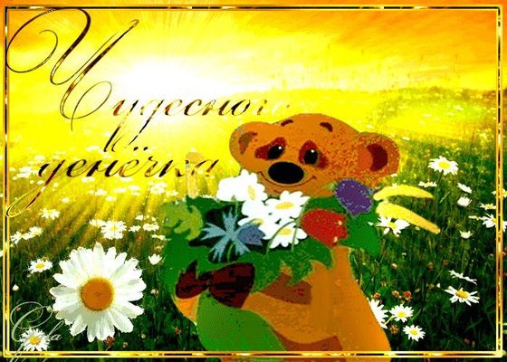 Открытка «Животное»: Чудесного денёчка! Мишка с букетом цветов. Тэги: пожелание, улыбка, красивая, позитив, радость…