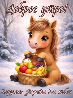 Открытка «Животное»: Доброе утро! Корзинка здоровья от милого пони. Тэги: пожелание, улыбка, утро, красивая, позитив…