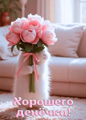 Открытка «Животное»: Хорошего денёчка! Милый кролик с букетом пионов. Тэги: пожелание, улыбка, позитив, радость…