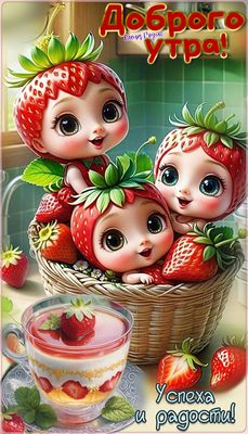 Открытка «Пожелание»: Доброе утро: милые клубнички, успех и радость!. Тэги: утро, красивая, позитив, радость, чашка…