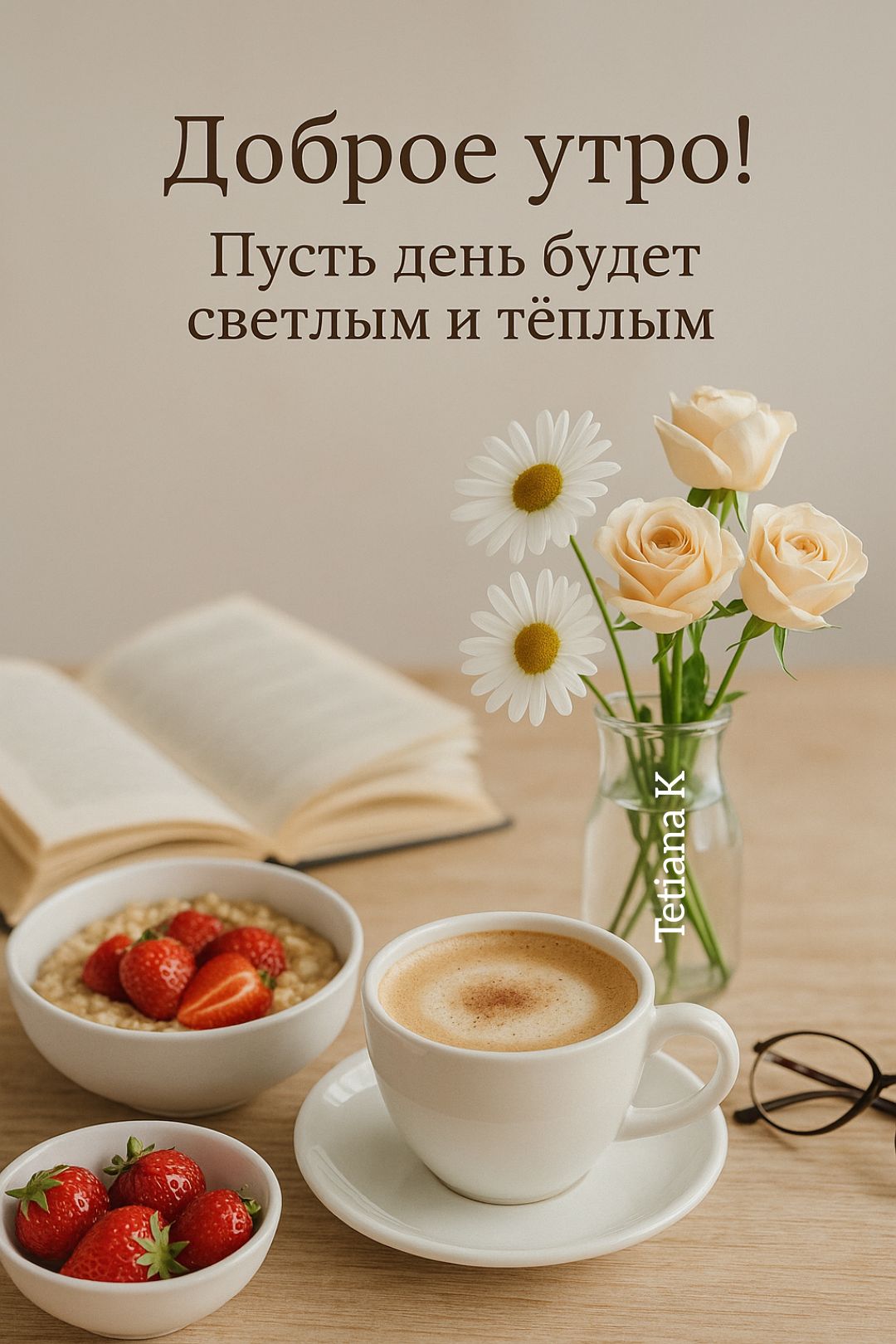 Открытка «Пожелание»: Доброе утро! Пусть день будет светлым и тёплым. Тэги: утро, красивая, кофе, позитив, радость…