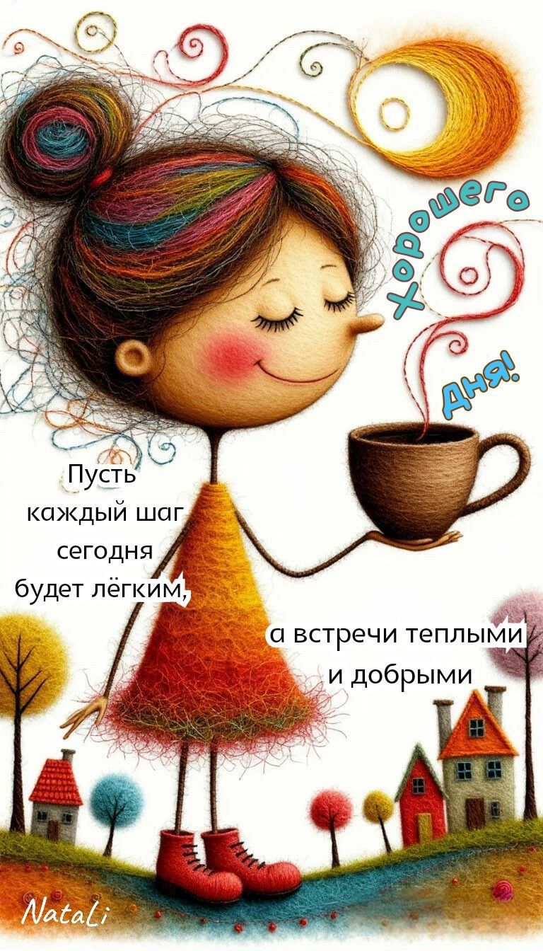 Открытка «Пожелание»: Хорошего дня! Теплое пожелание с улыбкой. Тэги: улыбка, девушка, красивая, кофе, позитив…