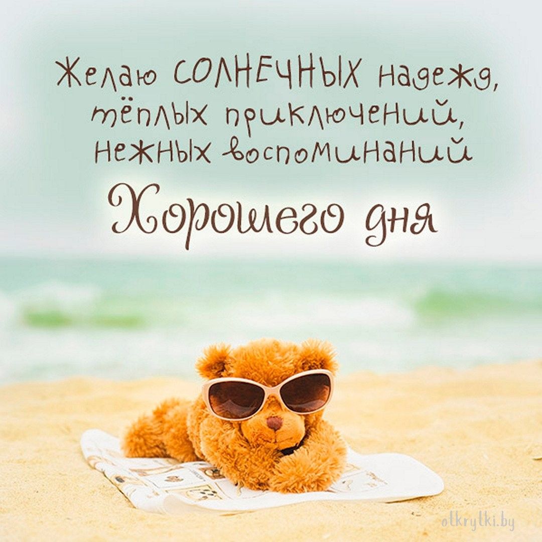 Открытка «Пожелание»: Хорошего дня! Пожелание с мишкой и солнцем на пляже. Тэги: улыбка, позитив, радость, очки…