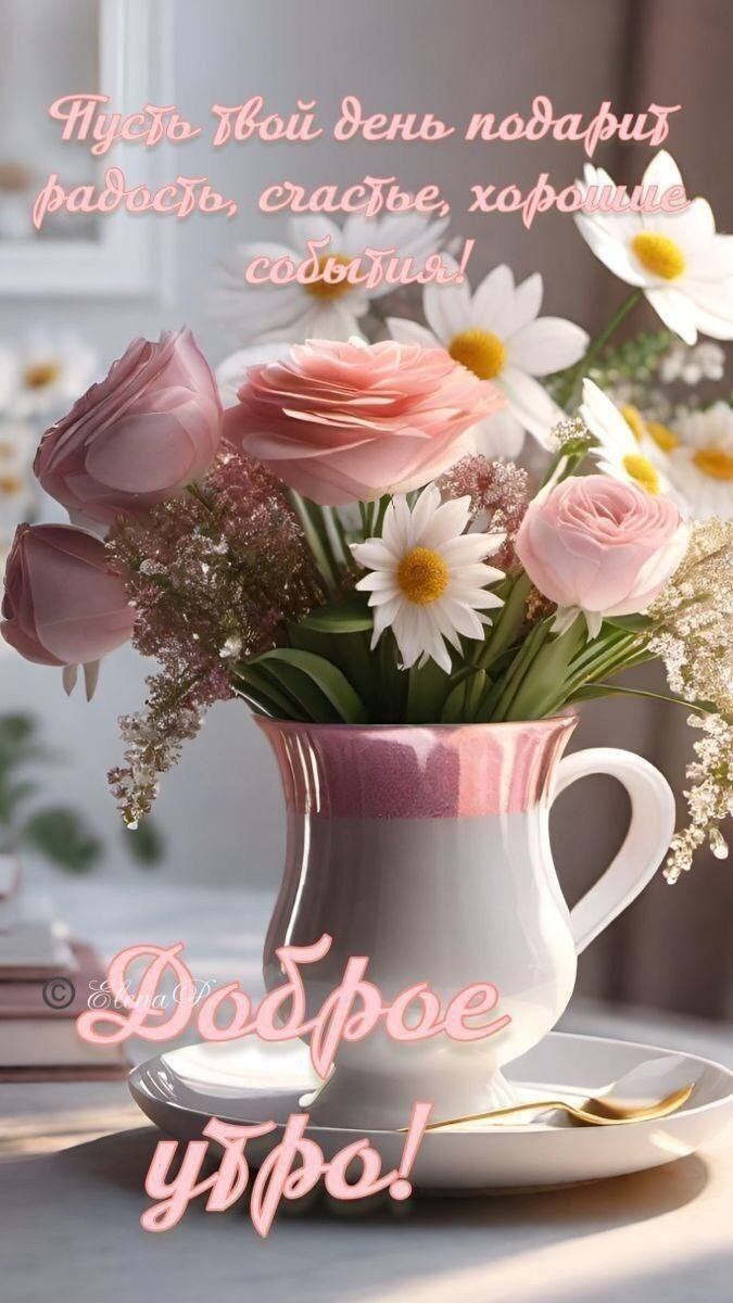 Открытка «Пожелание»: Доброе утро: радость, счастье и букет цветов!. Тэги: утро, красивая, позитив, радость, цветок…