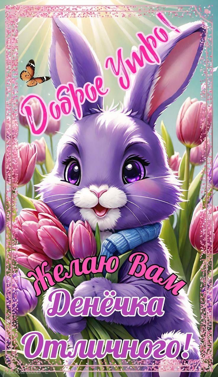 Открытка «Животное»: Доброе утро! Милый зайчик с тюльпанами и настроением. Тэги: пожелание, улыбка, шарф, утро…