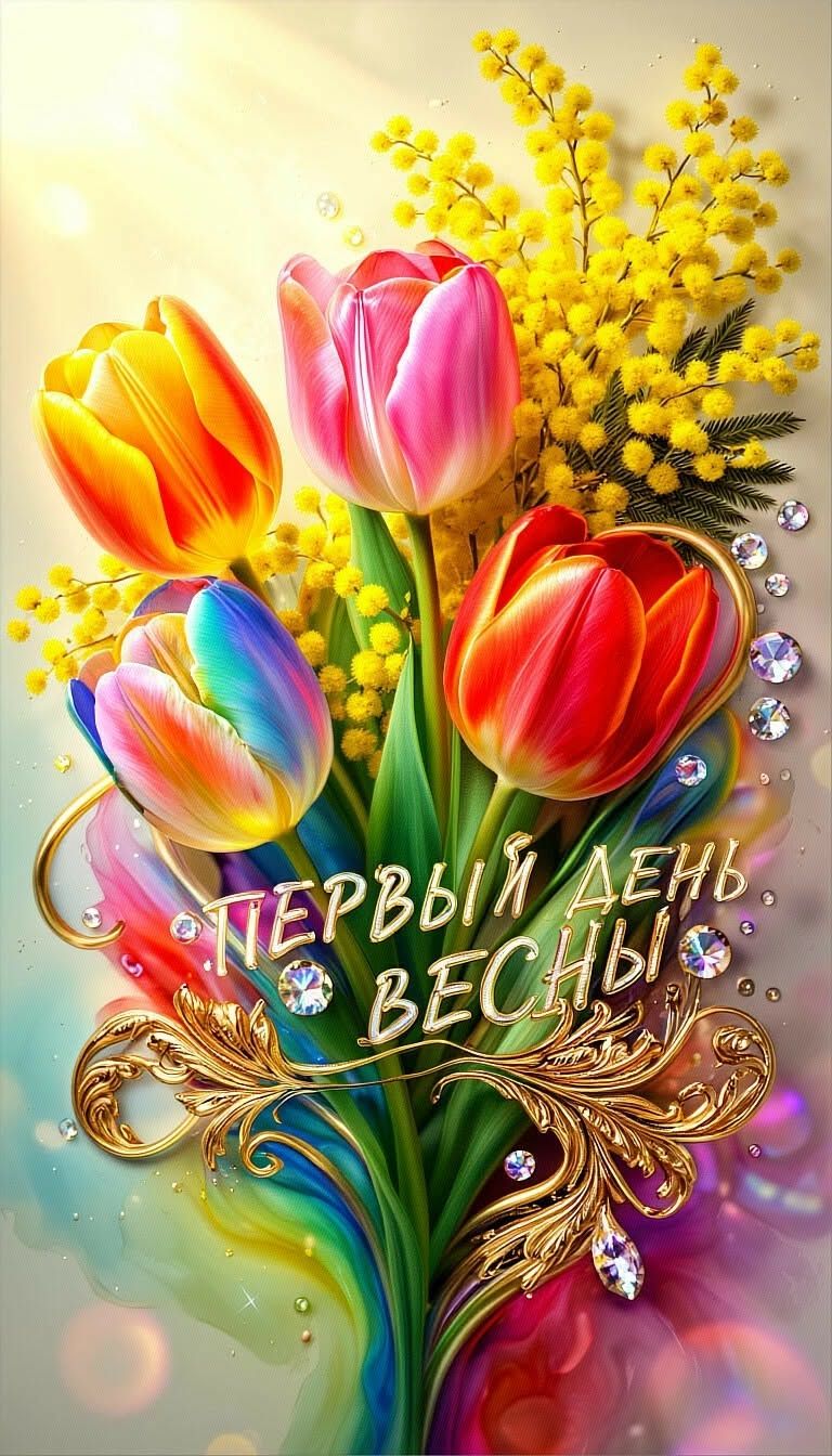 Открытка «Красивая»: Красивая открытка на Первый день весны!. Тэги: позитив, цветок, настроение, весна, золото…