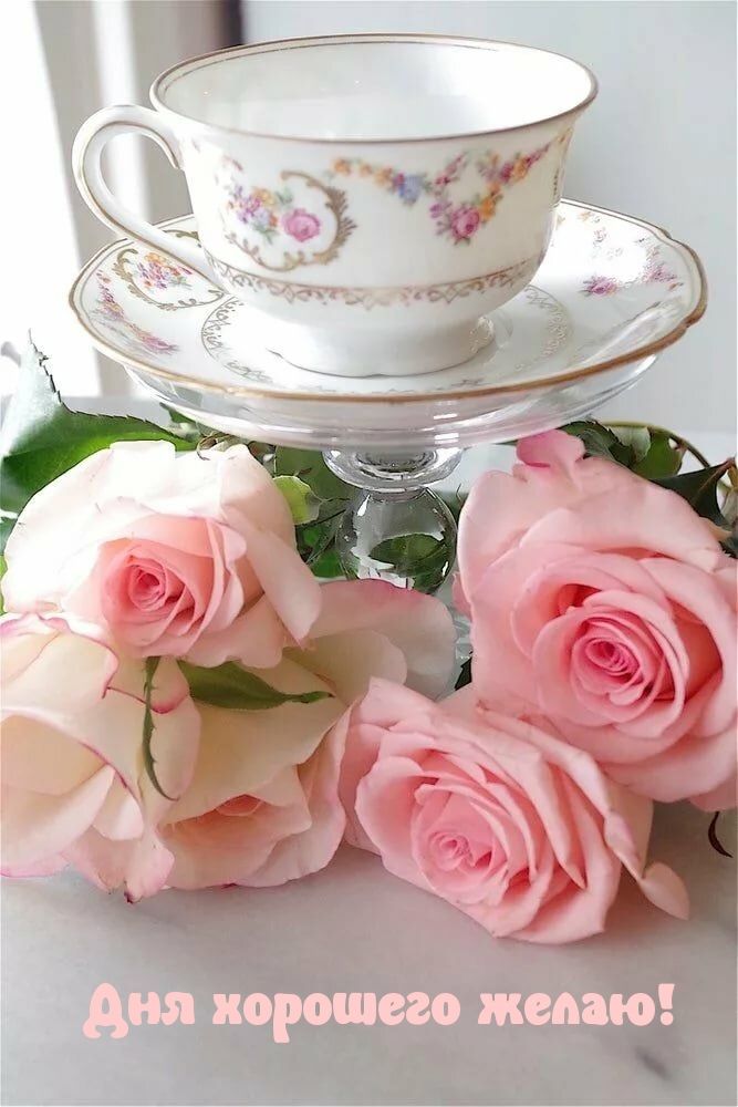 Открытка «Пожелание»: Дня хорошего желаю! Нежная открытка с розами и чашкой. Тэги: улыбка, утро, красивая, позитив…