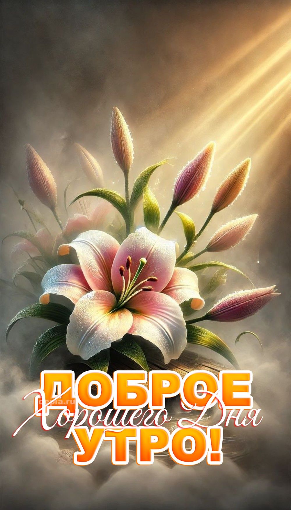 Открытка «Пожелание»: Доброе утро! Красивый цветок и лучи солнца. Тэги: улыбка, утро, красивая, позитив, радость…