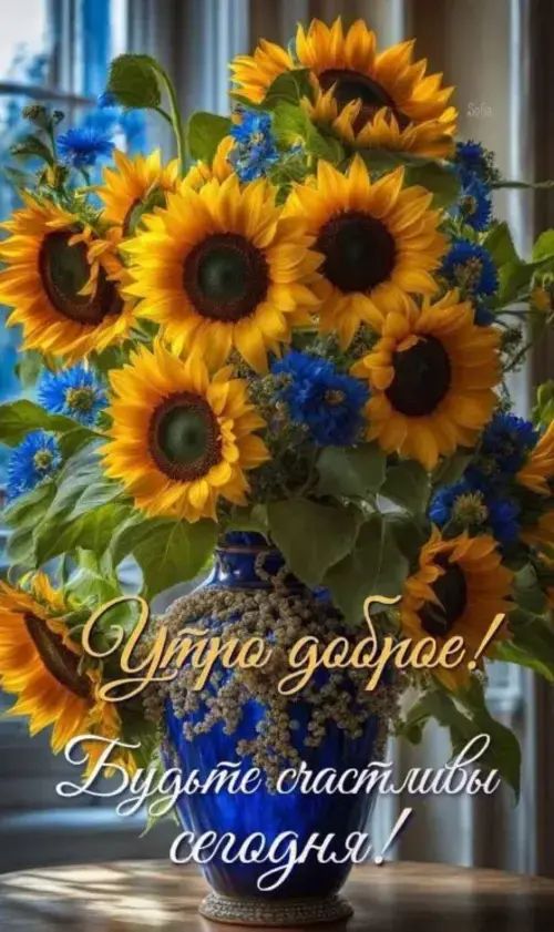 Открытка «Пожелание»: Доброе утро! Букет подсолнухов для счастья. Тэги: утро, красивая, позитив, радость, цветок…