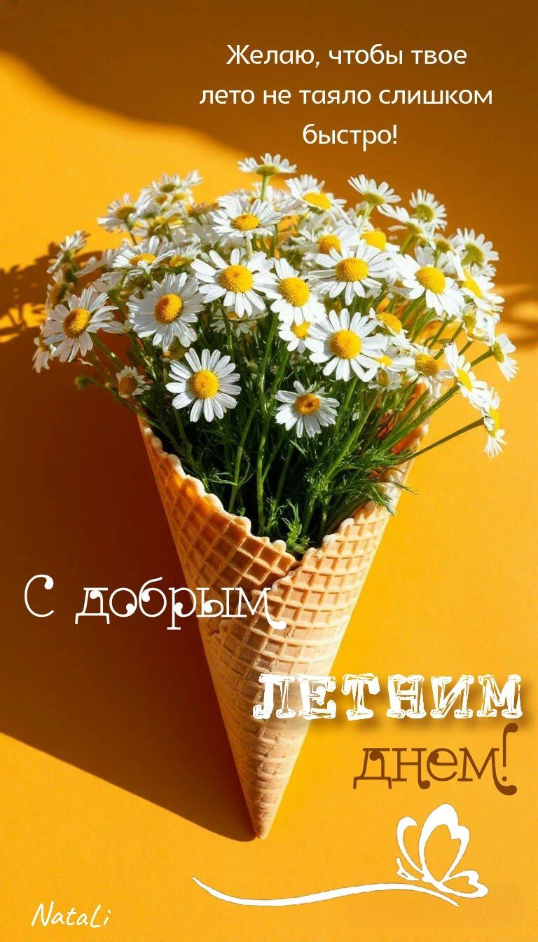 Открытка «Пожелание»: С добрым летним днем! Пожелание и ромашки. Тэги: улыбка, красивая, позитив, радость, цветок…