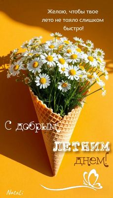 Открытка «Пожелание»: С добрым летним днем! Пожелание и ромашки. Тэги: улыбка, красивая, позитив, радость, цветок…